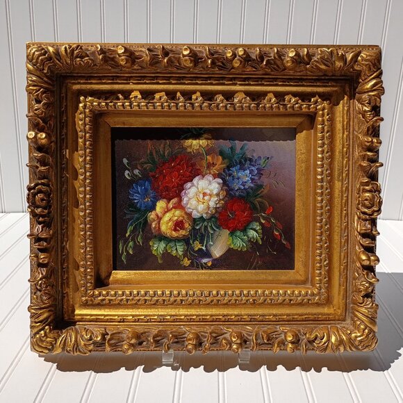 P Vines Floral Oil Painting On Canvas In Gold Ornate Frame 15 x 17 Graceful Art - Picture 1 of 14